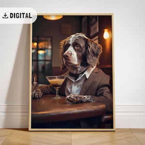 犬のカクテルウォールアート、イングリッシュスプリンガースパニエルレストランプリント、ドッグフルキッチンウォールデコレーションアルコールプリント犬ホームバーデコレーションマキシマリスト
