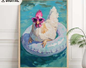 Colorful Chicken Print Funny Summer painting Beach Decoration Coastal Printable wall art Hen Printable Home Decor Maximalist Dopamine Bird