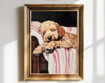 Sleeping Doodle Puppy Painting, Maltipoo Dog Print, Printable Toy Poodle Art, Cottagecore Wall Decor