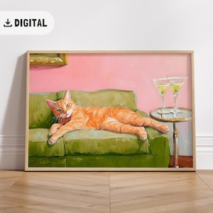 トレンディなオレンジ色の猫のソファアート、面白い赤い猫のマティーニプリント、風変わりな気まぐれなポスター、カクテルバーカートアート、かわいい猫の壁アート、ヴィンテージホームデコレーション