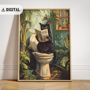 ヴィンテージの黒猫のバスルームプリント、トイレで読書をする風変わりな猫の壁アート、面白い猫がうんちをする壁の装飾、トイレの装飾、猫の絵画、トイレアート