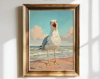 Funny Seagull Summer painting, Coastal Beach House Wall Decor, Printable Ocean Bird Art Print