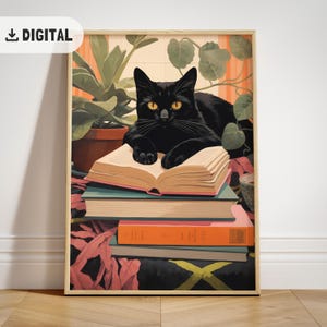 Cat Reading Poster, Vintage Black Cat and Books Print, Book Lover Gift, Cozy Reading Corner Wall Art, Trendy Bookworm Art, Study room Decor