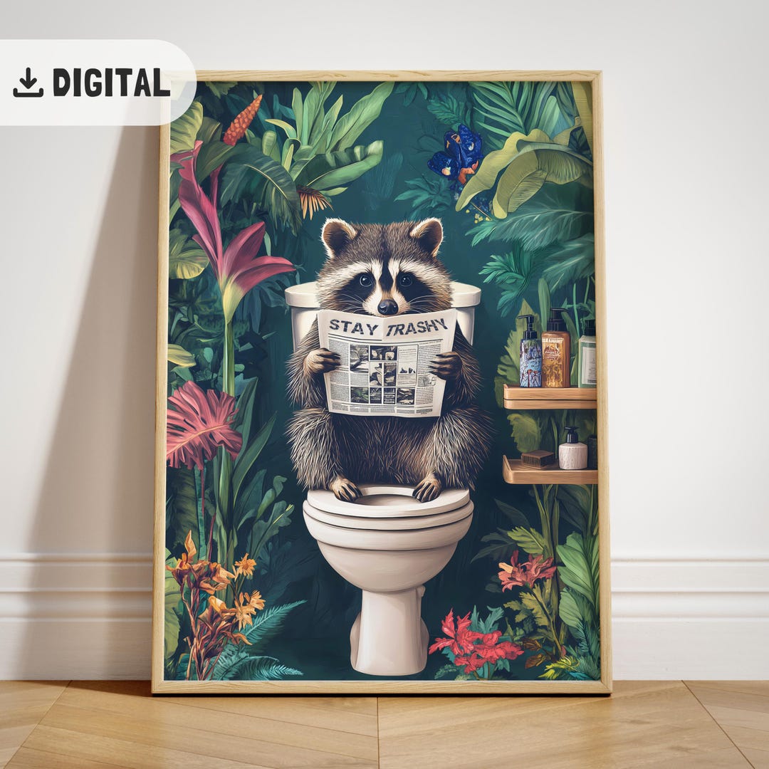 Funny Raccoon Bathroom Print, Raccoon on Toilet Wall Art, Printable ...