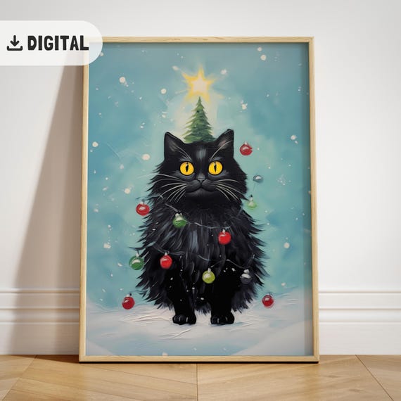 おもしろい黒猫のクリスマスツリーアートプリント：猫好きのクリスマス