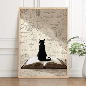 Op de afbeelding: Een ingelijste print met een zwarte kat die op een open boek zit. De achtergrond is gevuld met wiskundige vergelijkingen en diagrammen in sepiatinten. De kat wordt van achteren gezien. De lijst is lichtbruin.