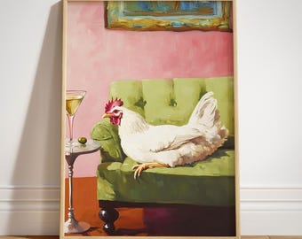 Chicken Couch Print, Funny Hen Martini Cocktail Bar Cart Art, Whimsical Farmhouse Decor