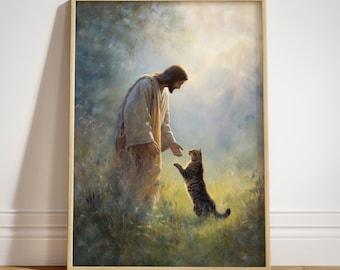 NIEOPRAWIONY wydruk artystyczny z Jezusem i pręgowanym kotem, wydruk w stylu Cottagecore Decor, plakat upamiętniający chrześcijańskiego kota