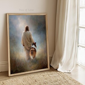 UNFRAMED Jesus Shetland Sheepdog Art Print, Printed Cottagecore Decor, Christian Sheltie Dog Memorial Poster image 11