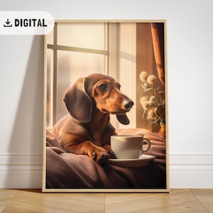 Dackel Kaffeetrinken druckbare Wandkunst, Kaffee-Liebhaber-Druck, lustiger Hund Poster, Ästhetik Küche Wanddekor Cafe Vintage Art Doxie Mama