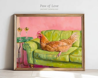 Chicken Couch Print, Funny Hen Martini Cocktail Bar Cart Art, Whimsical Farmhouse Decor