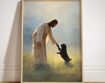May include: A framed art print titled "Paw of Love" shows a figure in robes reaching out to a black pug dog. The dog is standing on its hind legs, touching the figure's hand. The background is a soft, light-filled landscape.