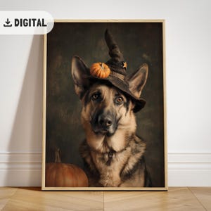 Süßer Schäferhund Halloween Print, gruseliger Bauernhof Dekor, druckbare Hund Cottagecore Wand Kunst Dark Forest Malerei Kürbis Herbst Kunst