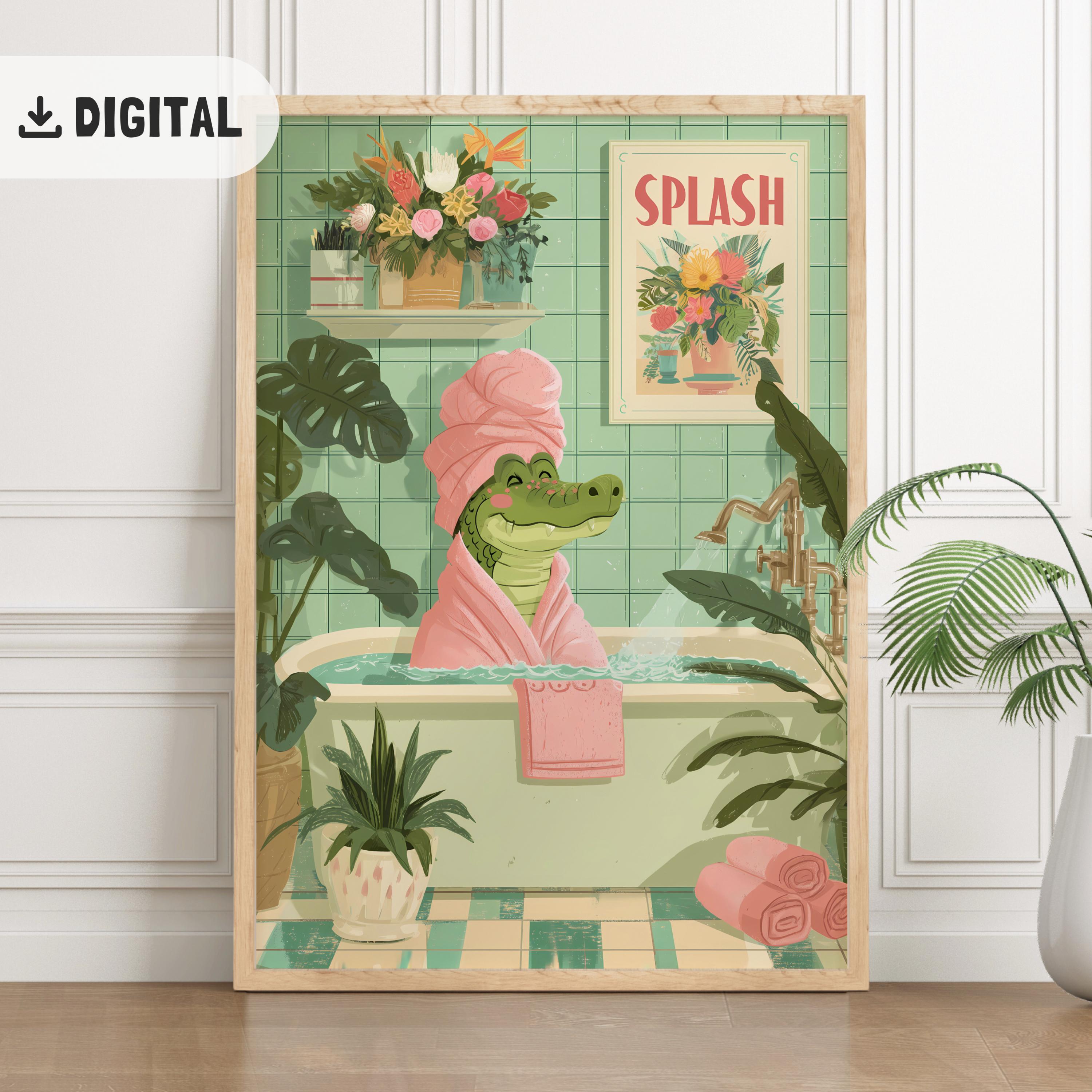 Trendy Alligator Bathroom print Funny Gator Bathtub Decoration Printable Toilet painting Funky Maximalist decor Animal Crocodile WC wall art