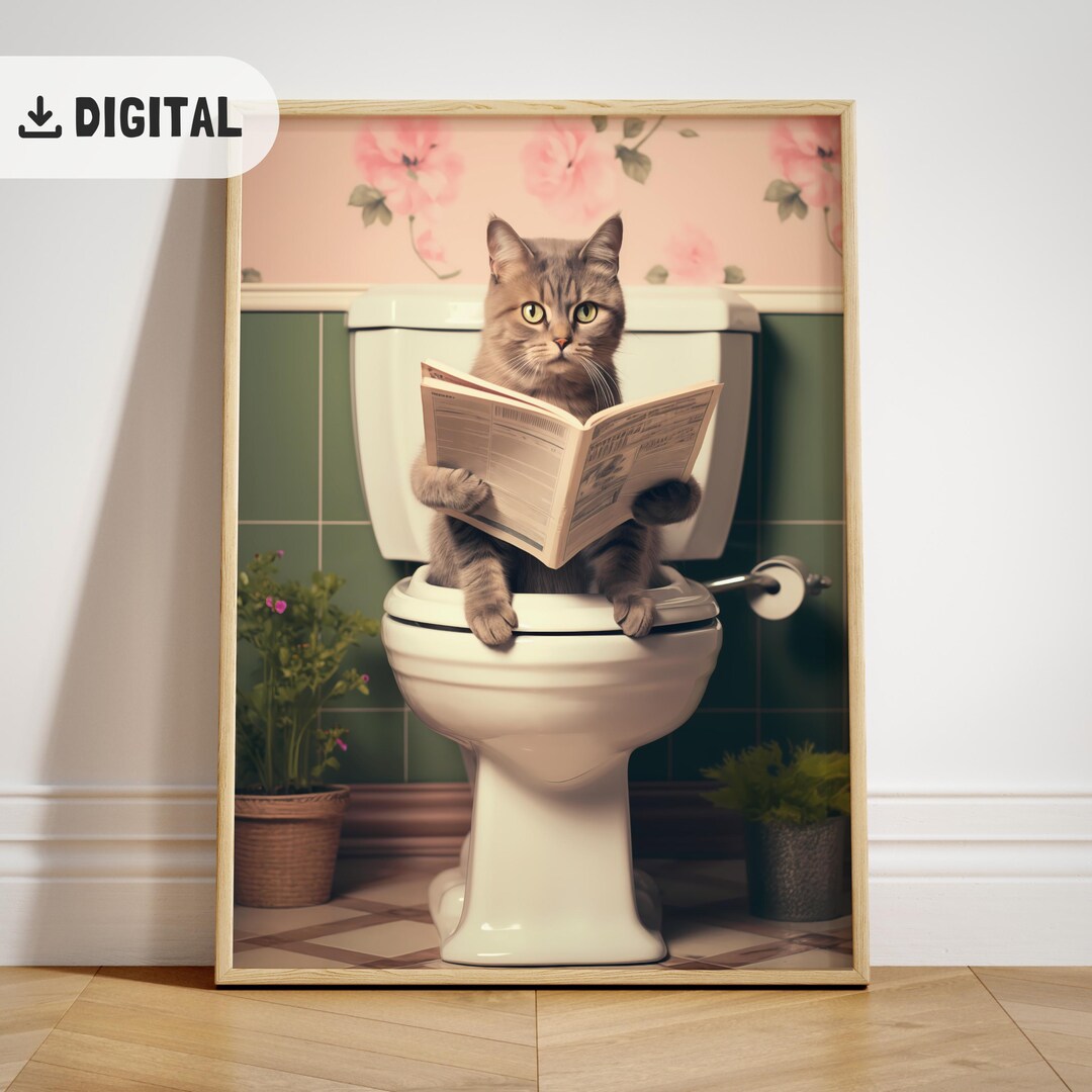 Bathroom Cat Print Funny Toilet Humor Poster Catful Wall Decor Cat ...