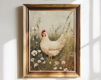 Plakat z kurczakiem w stylu vintage, estetyczna sztuka ścienna w stylu cottagecore, wydruk wielkanocny, dekoracja domu z kurą do druku, plakat z obrazem olejnym o tematyce przyrodniczej z kogutem