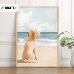 Happy Beach Doodle Print, Pastel color Summer painting, Adorable Cockapoo Dog Beach Decoration Vintage Coastal Home Ocean Printable wall art