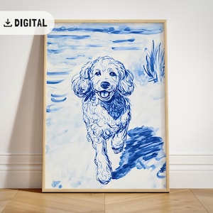 Happy Doodle Print, Blue Sketch Art Summer painting, Adorable Cockapoo Dog Beach Decoration Vintage Coastal Wall Decor For Cottage House