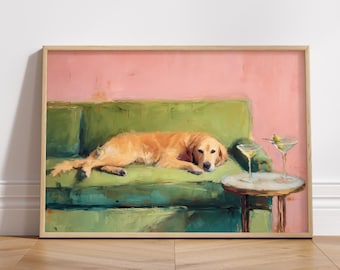 UNFRAMED Golden Retriever Couch Print, Funny Dog Martini Cocktail Bar Cart Art, Whimsical Decor