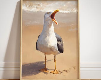 Divertido estampado veraniego de gaviotas, arte mural costero imprimible de gaviotas, decoración playera con aves marinas