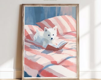 Impresión de perro blanco leyendo un libro, decoración de dormitorio para perros, arte de pared acogedor para un lector, póster caprichoso