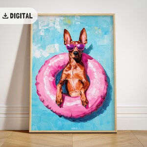 Trendy Brown Doberman Print, Pinky Colorful Summer painting, Funny Dobermann Dog Beach Decor Coastal Printable Maximalist wall art Dopamine