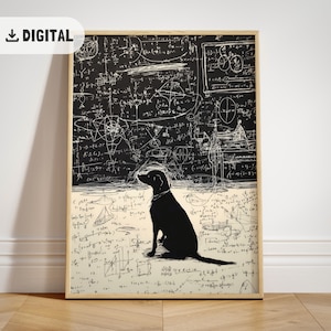 May include: A framed digital print showing a black dog silhouette against a background of equations and diagrams, reminiscent of a chalkboard. The print has a light beige lower section and a dark upper section.