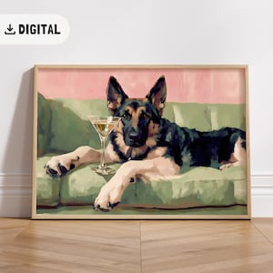 Vintage German Shepherd Couch Print Funny Dog with Martini Quirky Whimsical Poster Cocktail Bar Cart Art Eclectic Wall Art Trendy Home Decor