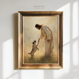 May include: Framed art print featuring a serene scene of a figure in flowing robes reaching out to a pug dog standing on its hind legs. The artwork is set in a field of tall grass, with the text "Paw of Love" at the top.