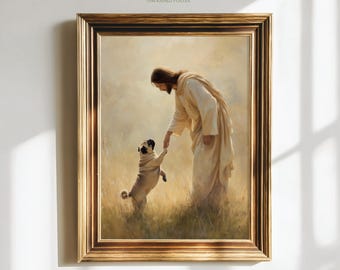 May include: Framed art print featuring a serene scene of a figure in flowing robes reaching out to a pug dog standing on its hind legs. The artwork is set in a field of tall grass, with the text "Paw of Love" at the top.