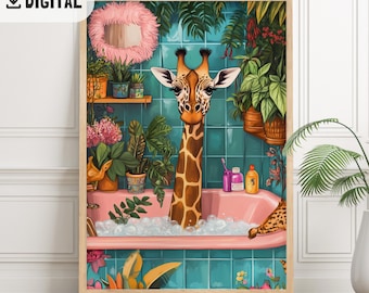 Funny Giraffe Bathroom print Wild Animal toilet wall art Colorful Giraffe Bathtub painting Maximalist wall decor Restroom decoration WC art