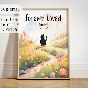 Personalized Cat Memorial Print, Black Cat Wall Art for Cat Lovers, Forever Loved Cat Poster, Custom Pet Loss Gift, Cat name Personalization