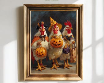Sztuka z kurczakiem w stylu vintage na Halloween, dekoracja ścienna z nadrukiem w stylu Cottagecore, obraz z kogutem