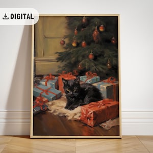 Black Cat Christmas Art Print: Vintage Catful Xmas Wall Decor, Printable Holiday Painting