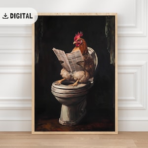 Vintage Chicken Bathroom Poster, Farmhouse Hen on Toilet pooping Print, Cottagecore Wall Art, Funny Farm Animal Printable Home Decor WC art