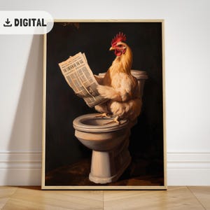 Vintage Chicken Bathroom Poster, Farmhouse Hen on Toilet pooping Print, Cottagecore Wall Art, Funny Farm Animal Printable Home Decor WC art