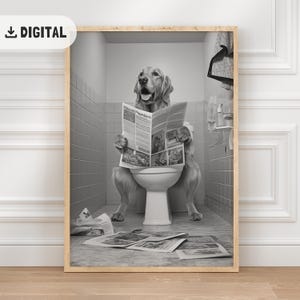 Retro Golden Retriever Bathroom Print, Funny Dog Bathroom Decor, Quirky Golden Reading Newspaper Wall art Dogful Toilet Humor Poster WC art