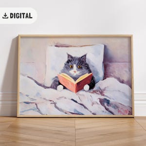ヴィンテージの猫の読書プリント、印刷可能な読書愛好家へのギフト、面白い猫の読書絵画、保育園のホームデコレーション、本のある壁アート、子供部屋の装飾