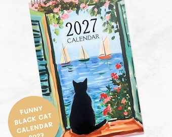 2027 Cat Wall Calendar Monthly Planner, Black Cat Travel Lover Gift, Catful Europe Stationery