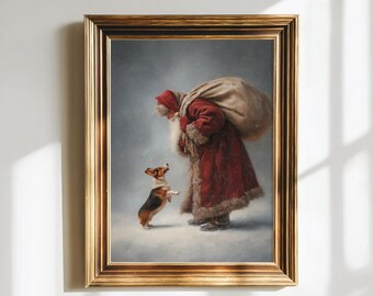May include: A framed wall art print titled Paw of Love featuring a figure in a red fur-trimmed coat and hat carrying a large beige sack on their back, standing in the snow facing a small tricolor Corgi dog looking up in a snowy setting.