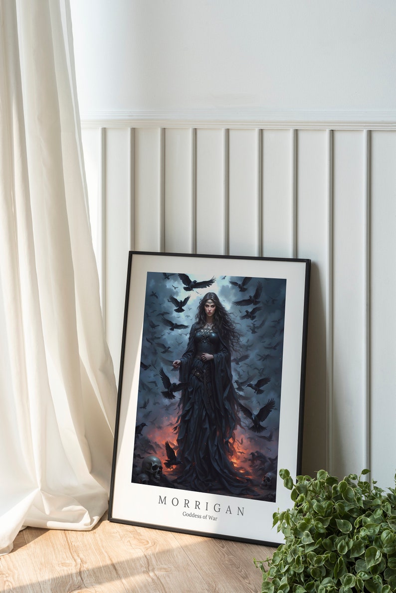 May include: A framed print of a dark-haired woman in a black dress surrounded by crows. The text "MORRIGAN Goddess of War" is at the bottom of the print.
