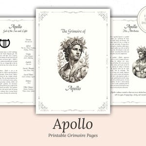 Könnte beinhalten: Drei druckbare Grimoire-Seiten mit Illustrationen und Text über Apollo, den griechischen Gott der Sonne und des Lichts. Die Seiten haben dekorative Ränder und enthalten den Text "Apollo" und "Printable Grimoire Pages".