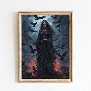 May include: A woman in a black gown stands amidst a flock of crows. She has long dark hair and is wearing a silver necklace. The background is a dark, stormy sky with a hint of orange flames.