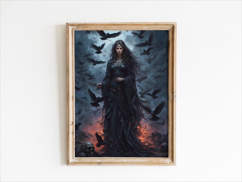 May include: A woman in a black gown stands amidst a flock of crows. She has long dark hair and is wearing a silver necklace. The background is a dark, stormy sky with a hint of orange flames.