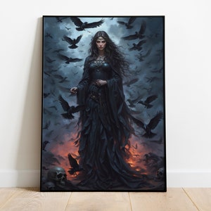 May include: A woman in a black gown stands amidst a flock of crows. She has long dark hair and wears a crown. The background is a dark, stormy sky.