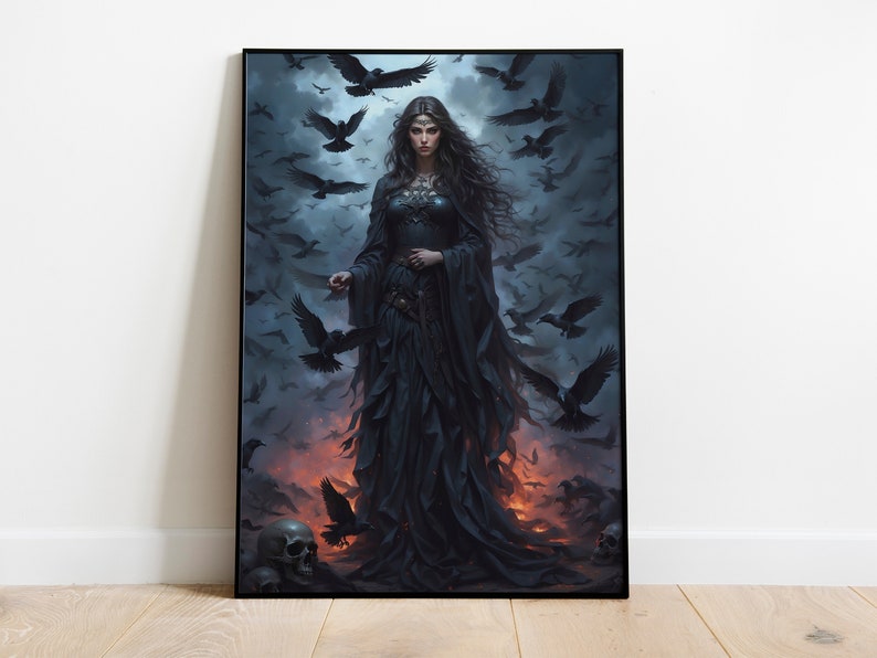 May include: A woman in a black gown stands amidst a flock of crows. She has long dark hair and wears a crown. The background is a dark, stormy sky.