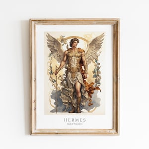 May include: A framed print of a painting depicting Hermes, the Greek god of travelers. He is depicted as a young man with wings, wearing a golden breastplate and holding a staff. The print is on a white background and has the text "Hermes, God of Travelers" at the bottom.