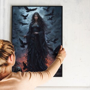 May include: A woman in a black gown stands in front of a dark, stormy sky. She is surrounded by a flock of crows. The woman has long, dark hair and is wearing a crown.