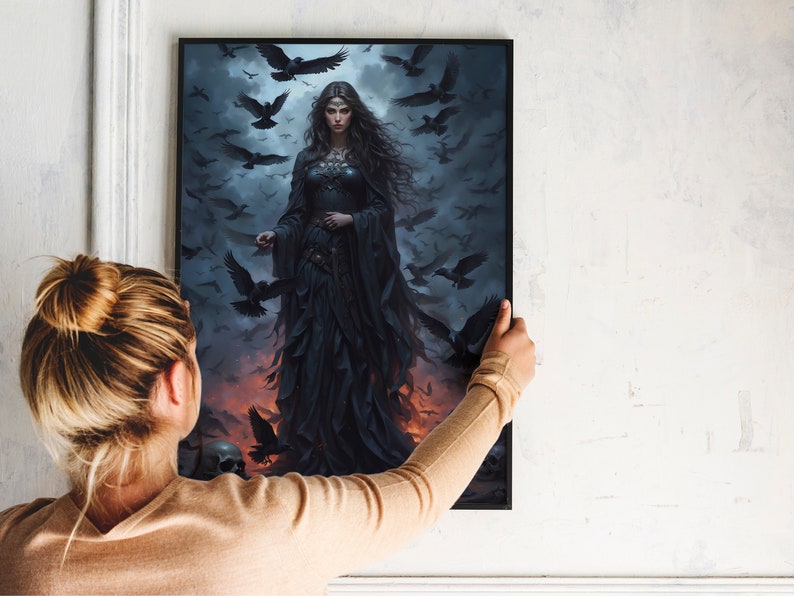 May include: A woman in a black gown stands in front of a dark, stormy sky. She is surrounded by a flock of crows. The woman has long, dark hair and is wearing a crown.