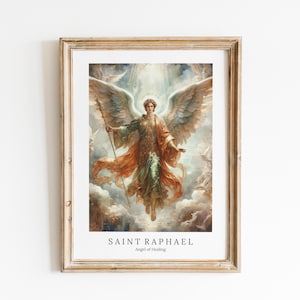 May include: A framed print of a painting depicting Saint Raphael, the Angel of Healing. The painting shows a winged angel with a staff, standing in a cloud-filled sky.